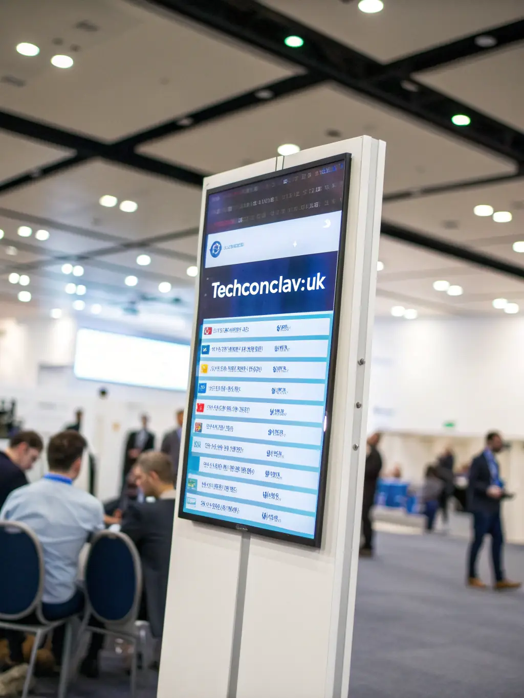 A photograph of a conference schedule board displaying the day's events at TechConclaveUK, with times, locations, and speaker names clearly visible.