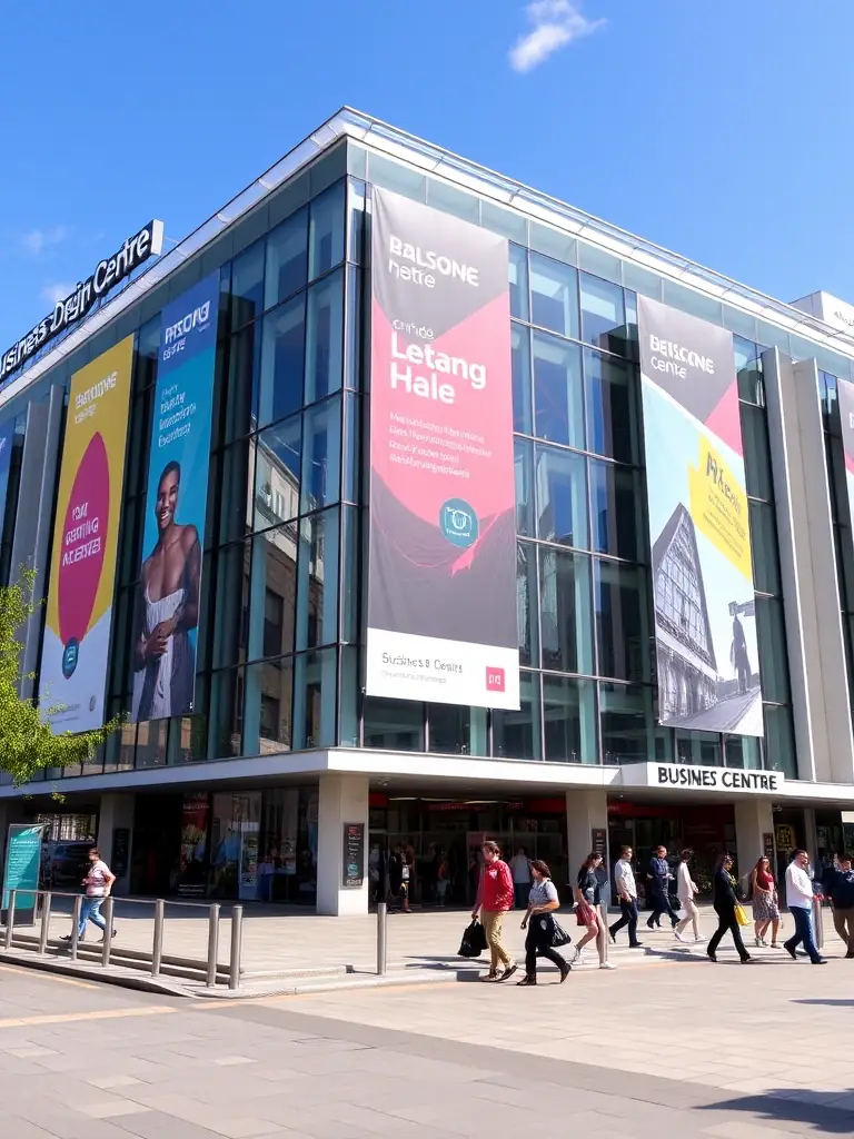 A photograph of the exterior of the Business Design Centre in London, with event banners visible, taken on a sunny day.