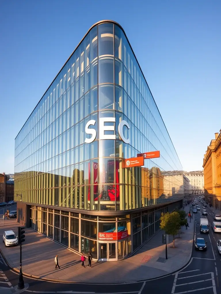 A photograph of the Scottish Event Campus (SEC) in Glasgow, with a focus on its modern architecture and surrounding cityscape.