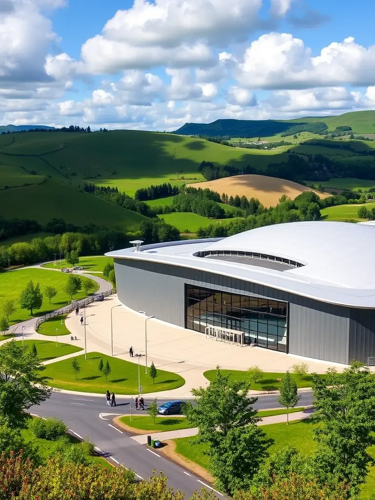 A photograph of the International Convention Centre Wales (ICC Wales) near Newport, showcasing its modern design and scenic surroundings.