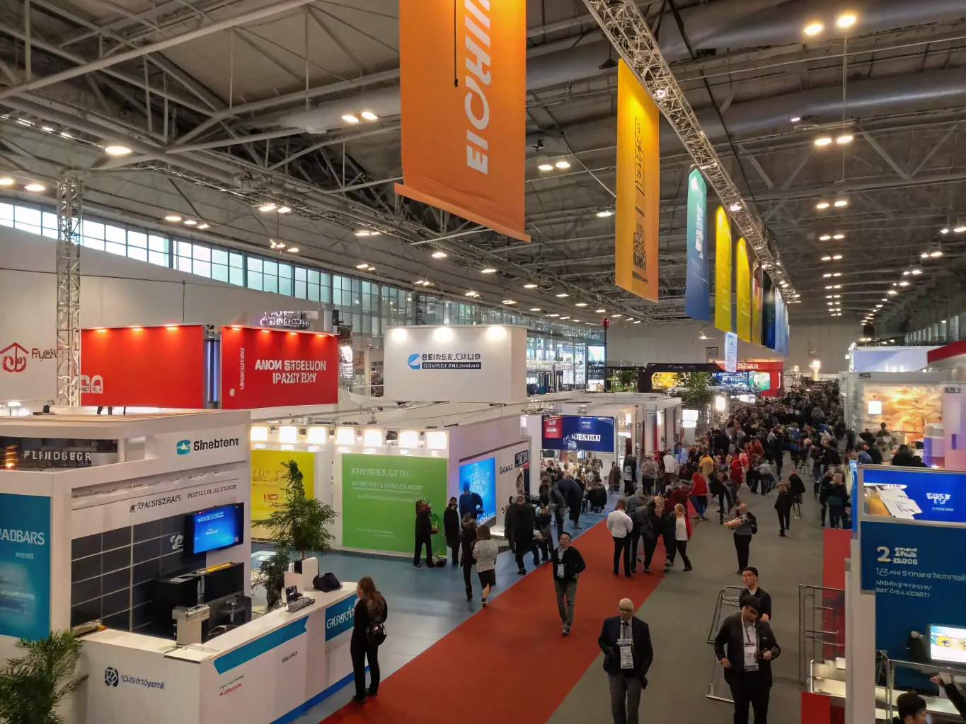 A bustling scene inside the Manchester Central Convention Complex, showcasing the Northern Tech Expo with various tech startups and established companies exhibiting their products.