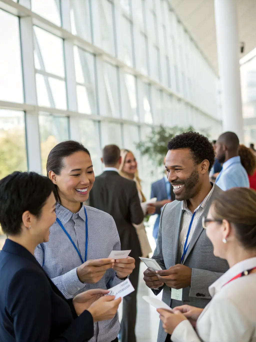A photograph of a networking session at TechConclaveUK, with attendees exchanging business cards and engaging in conversations.