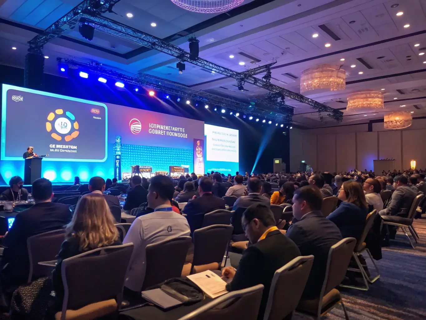 A modern conference hall in London, filled with attendees networking and engaging with exhibitors at a TechConclaveUK event. The atmosphere is energetic and professional.