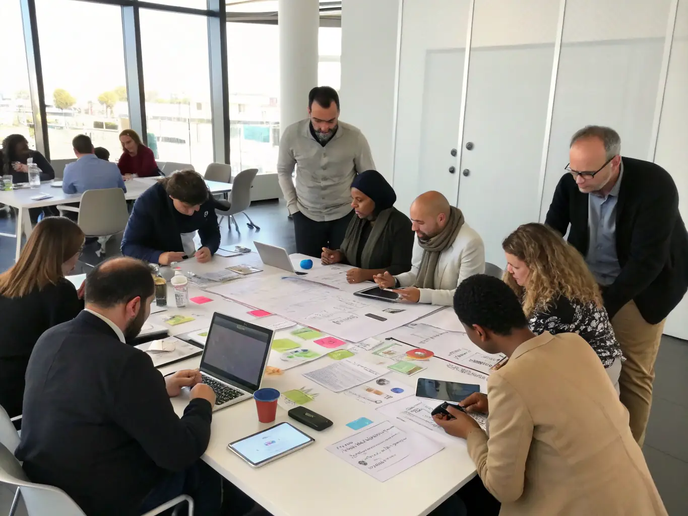 A photograph of a workshop session at a tech conference, showing participants actively engaged in a hands-on activity, with facilitators guiding them through the process. The setting is collaborative and interactive.