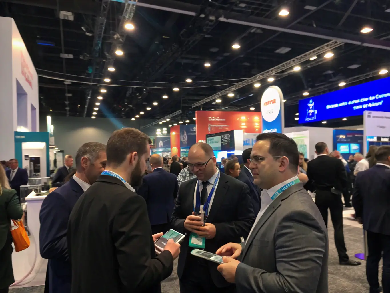 A photograph of a networking event at a tech conference, showing attendees engaging in conversations, exchanging business cards, and building connections. The atmosphere is lively and professional.