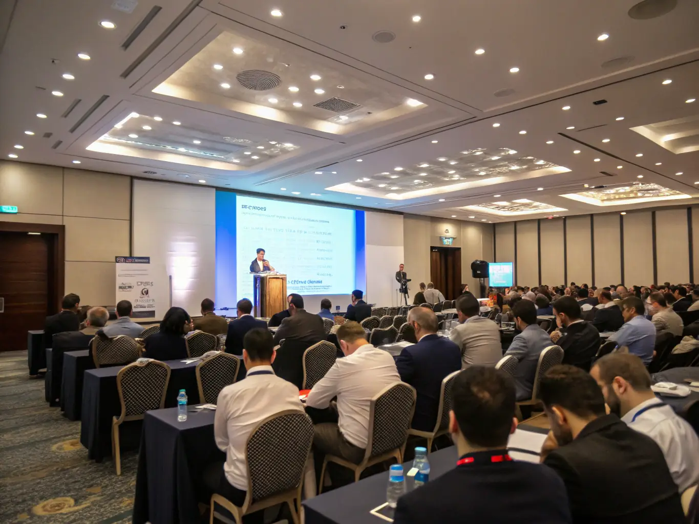 A photograph of a conference room during a tech conference, showing attendees listening to a speaker on stage, with presentation slides visible in the background. The atmosphere is professional and engaging.